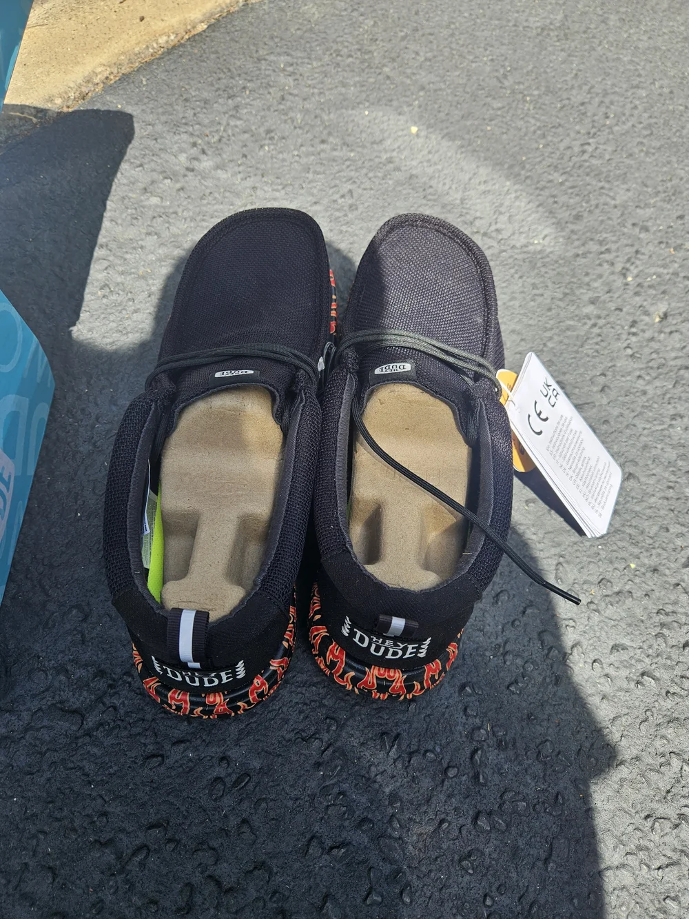 Hey Dude Black Sneakers with Red Flame-Print Sole - Picture 2 of 3